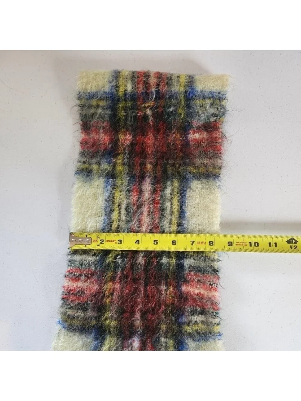 Vintage Mohair Wool Red White Green Plaid Fringe Scarf 40x8 Scotland Winter Mcm